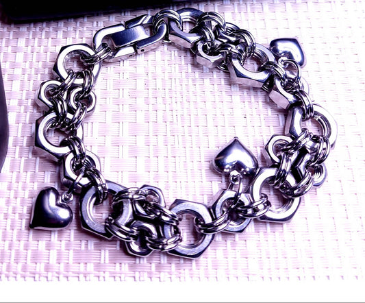 Silver chain bracelet with heart charms displayed as pandora charm bracelet charms by Nutz n Chains