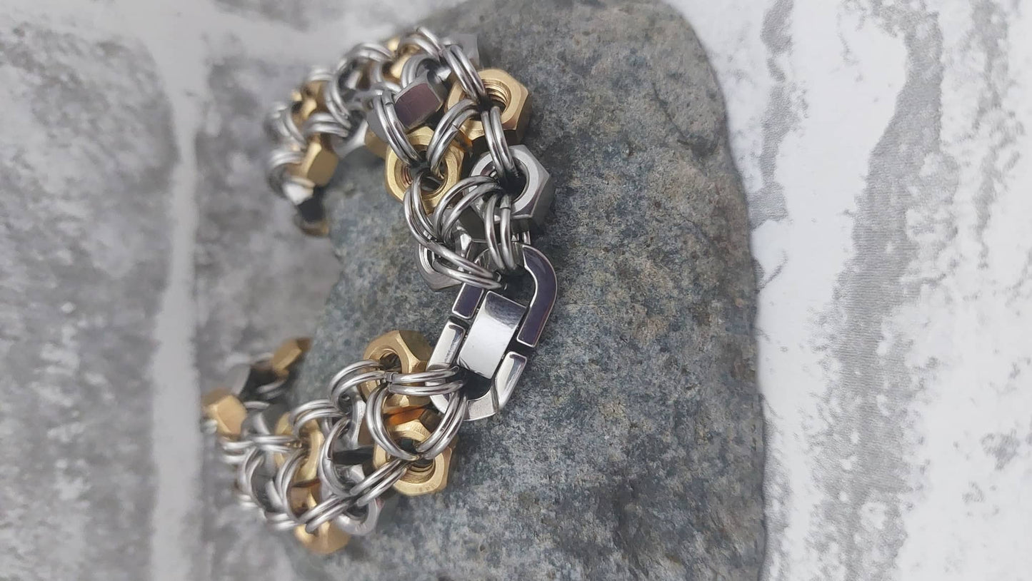 Nutz n Chains men's bracelet with silver and gold interlocking chain links and secure clasp