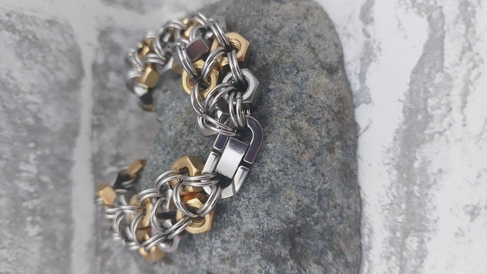 Nutz n Chains men's bracelet with silver and gold interlocking chain links and secure clasp